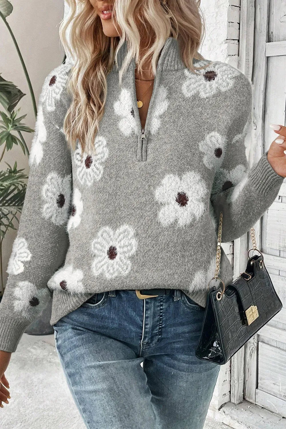 Ilse | Women's Floral Zip up Sweater Knitted